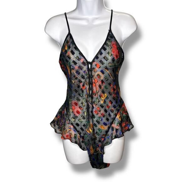 Victoria's Secret Tops - VTG Victoria's Secret Gold Label Chemise Bodysuit Small Floral Sheer Lingerie